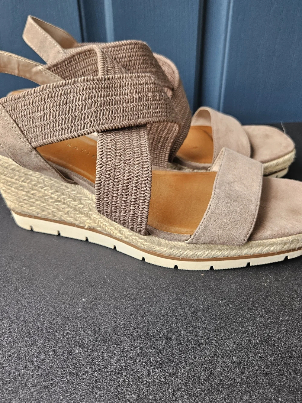 Kelly & Katie Taupe Crisscross Stretchy Straps Espadrille Wedge Sandals